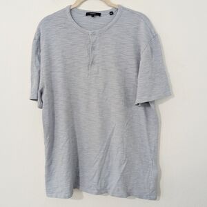 Vince Striped Short Sleeve Henley T Shirt Cotton Knit Light Blue White Large L